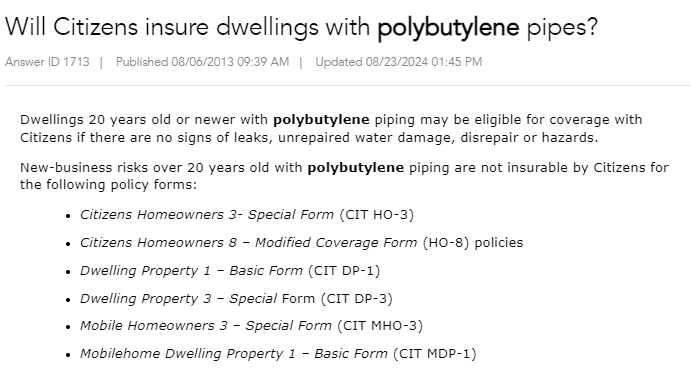 Citizens Insurance Polybutylene Plumbing