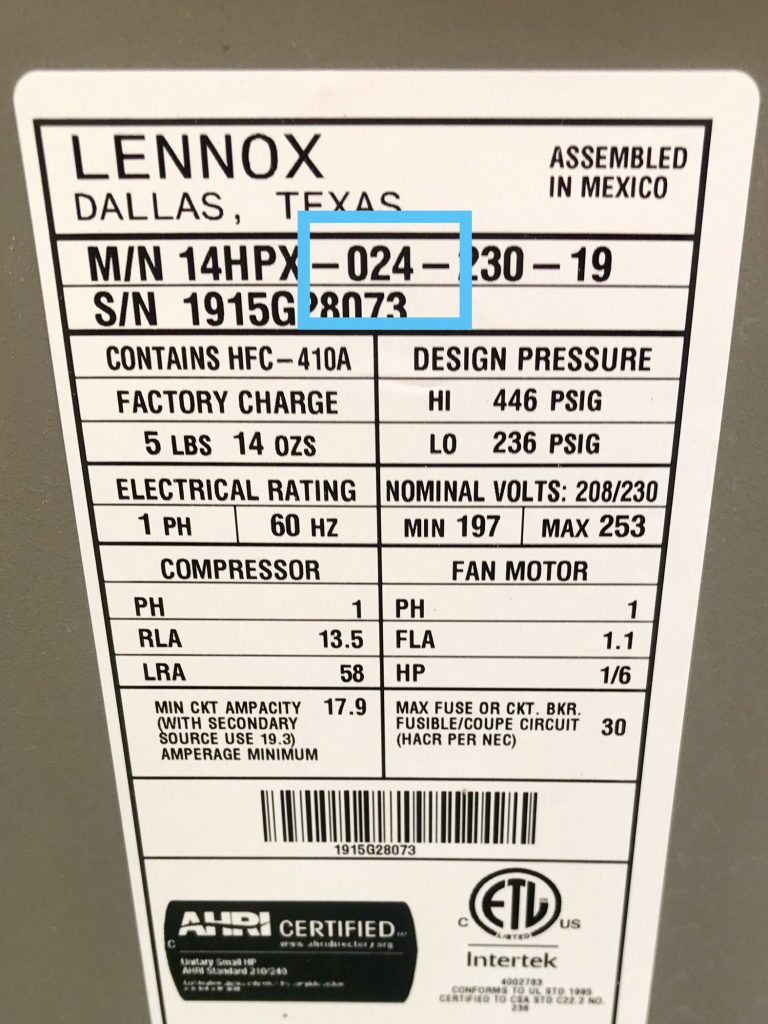A/C tonnage Lennox