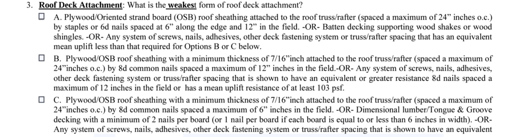 Roof Deck Attachment wind mitigation form