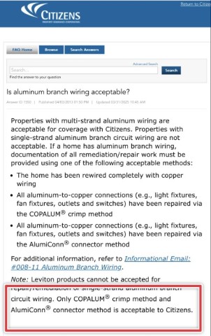 Citizens form showing purple wire nuts are not accepted by insurance